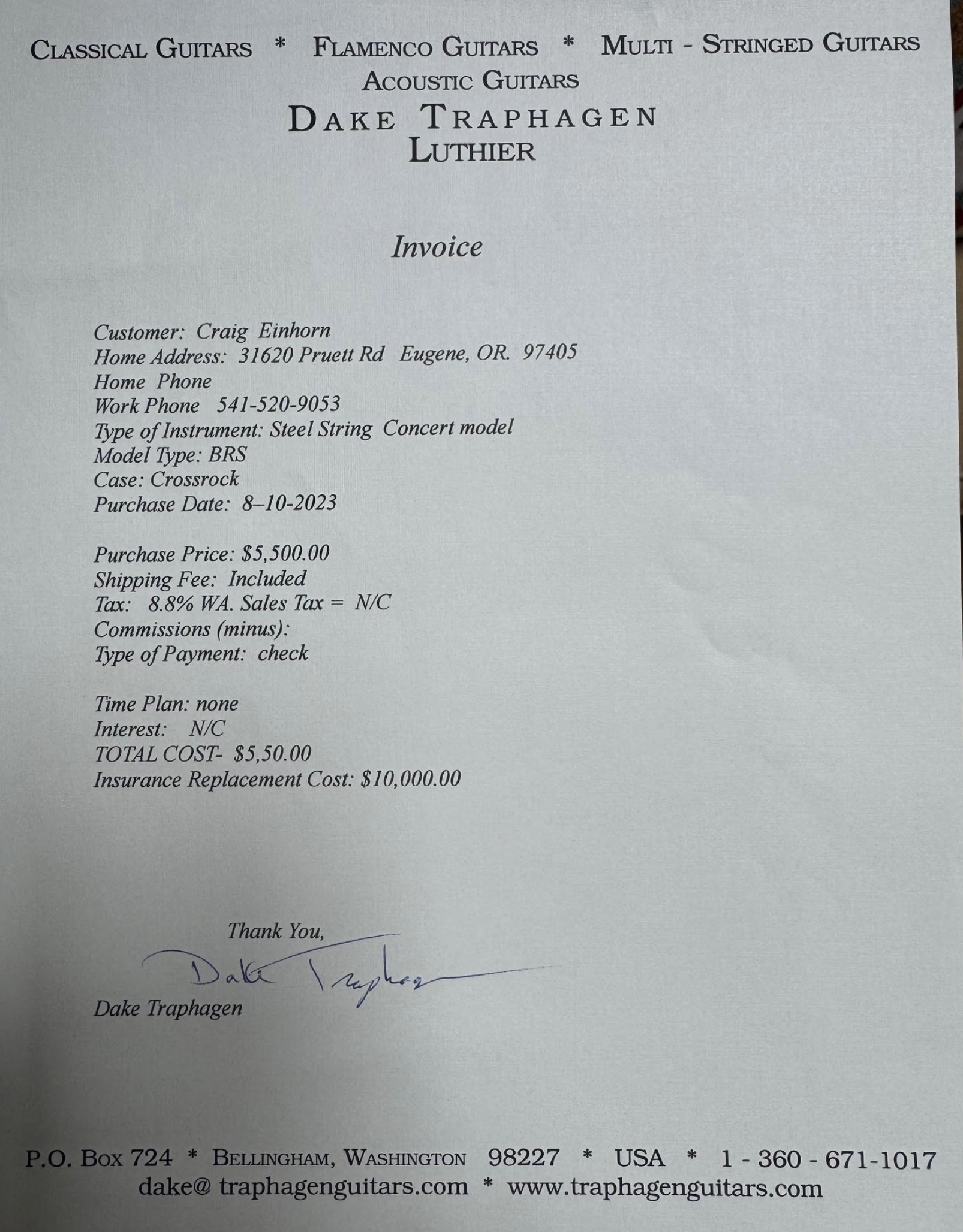 Traphagen Peacock Steel String Guitar